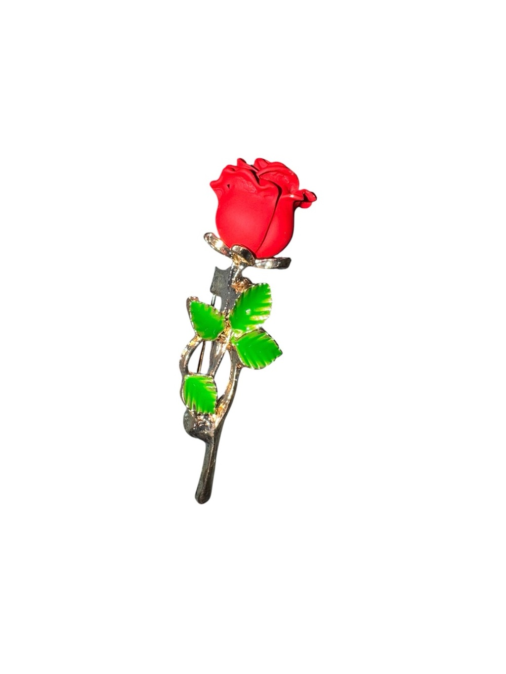 Red Rose Enamel Brooch with Green Leaves - Women's Accessory